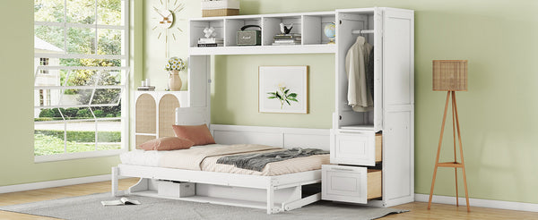 English Elm Full Size Murphy Wall Bed with Wardrobe Drawers Studio Apartment Space Saver White LP000792AAK-2