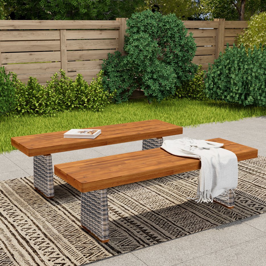 English Elm Christopher Knight Home® - Outdoor Acacia Wood Benches Set Of 2 – Elegant Teak Finish With Grey Wicker For Stylish Seating N773P286715G