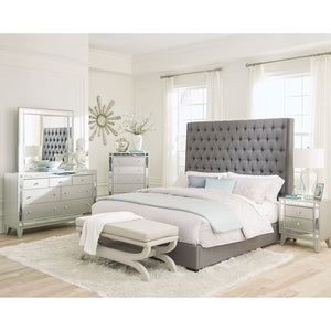 English Elm Copper Tufted Upholstered Queen Panel Bed with 72" Extra-Tall Headboard, Solid Birch Legs, Grey Fabric Finish B062S00704