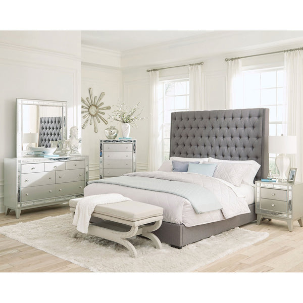 English Elm Copper Tufted Upholstered Queen Panel Bed with 72" Extra-Tall Headboard, Solid Birch Legs, Grey Fabric Finish B062S00704