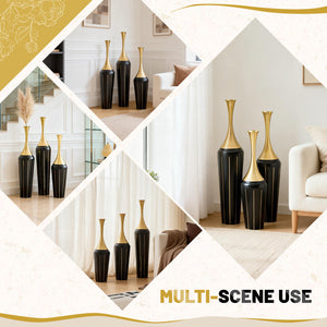 English Elm 3-piece Handcrafted Metal Floor Vase Set Matte Finish Architectural Trio for Entryway Black+Gold W2796P446204