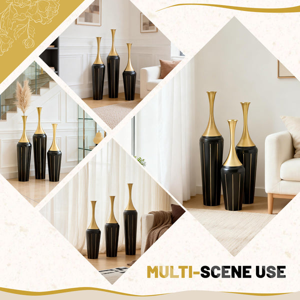 English Elm 3-piece Handcrafted Metal Floor Vase Set Matte Finish Architectural Trio for Entryway Black+Gold W2796P446204