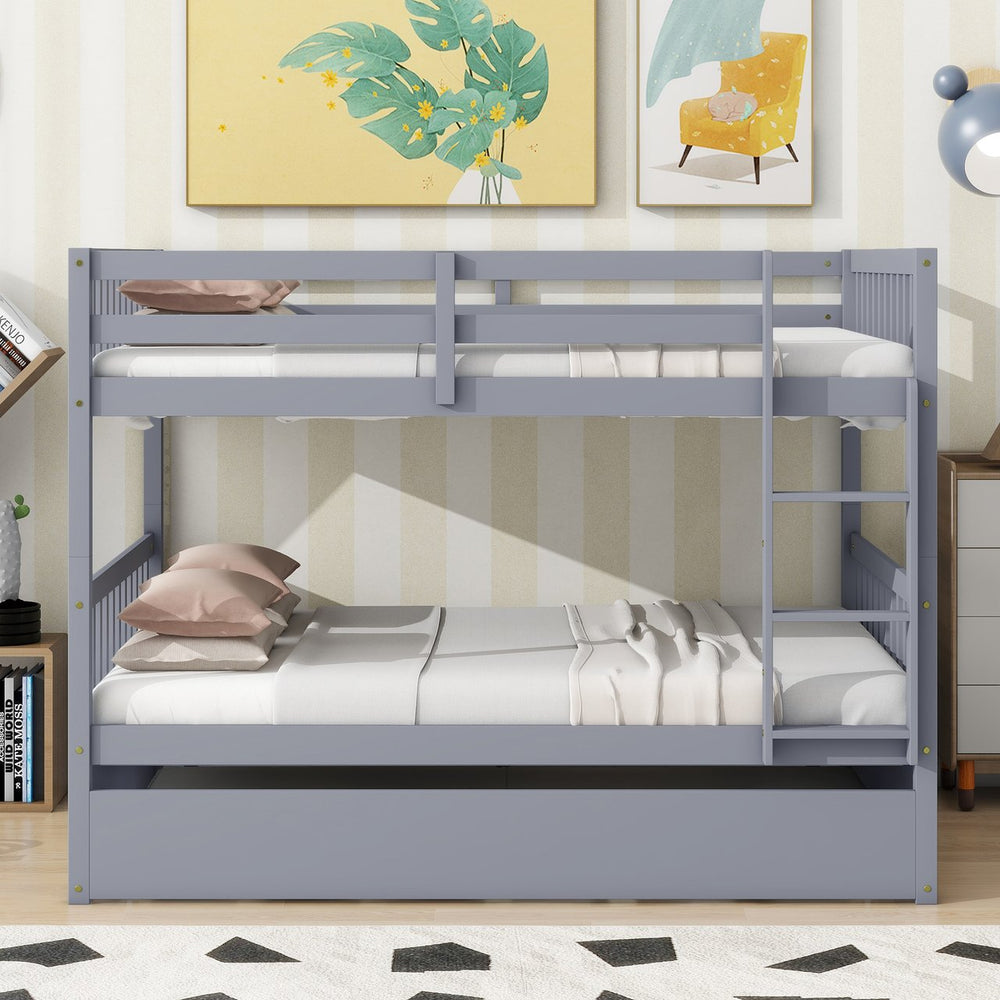 English Elm Full Over Full Bunk Bed With Twin Trundle, Ladder & Guardrails - Rustic Grey, Space-Saving Design W504S00178