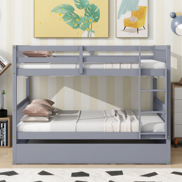 English Elm Full Over Full Bunk Bed With Twin Trundle, Ladder & Guardrails - Rustic Grey, Space-Saving Design W504S00178