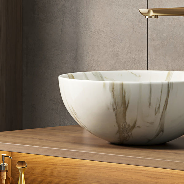 English Elm 14'' Round Ceramic Vessel Sink Matte White Stone Veined Vitreous Bowl Vanity Top W2615P375261
