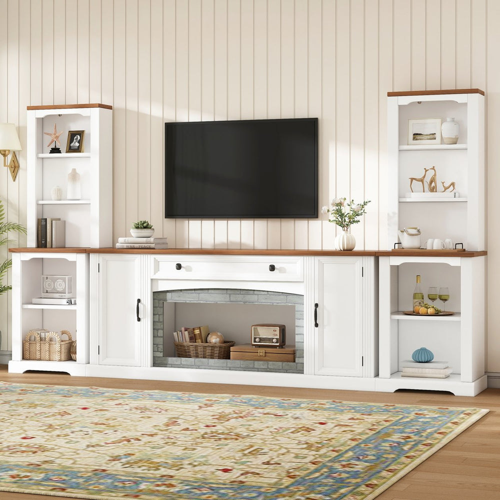 English Elm 3-piece Farmhouse Entertainment Center with Curved Cabinets Walnut Mdf Modular Living Room White N721S000068K