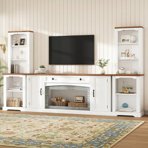 English Elm 3-piece Farmhouse Entertainment Center with Curved Cabinets Walnut Mdf Modular Living Room White N721S000068K