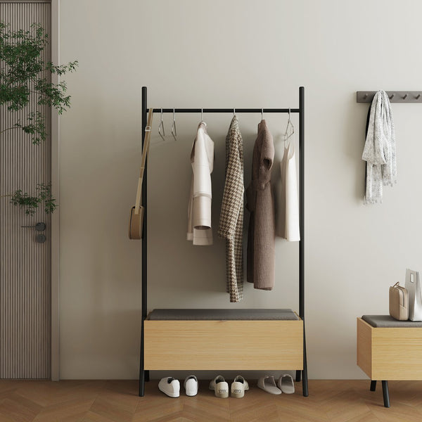 English Elm Paloma 38" Open Hanging Closet with Lift-Top Linen Bench, Light Oak, Black Rod, 2-Seat Storage Elegance B365S00136