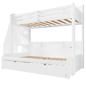 English Elm Twin Over Full Bunk Bed with Stair Drawers Shelves Led Lighting and Usb Port White N7090005013K