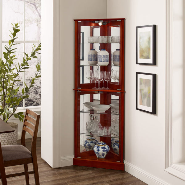English Elm Corner Curio Display Cabinet with Mirrored Back, Interior Lighting, Adjustable Glass Shelves, Elegant Finish Cherry W1693P171669