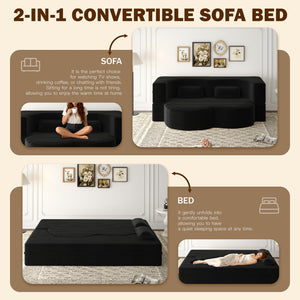 English Elm Modern Full Size Folding Sofa Bed with Plush Corduroy, 2 Pillows, 15" Foam Mattress, No Assembly Required Black W1885P347089