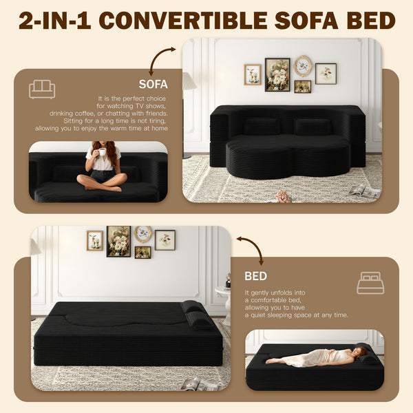 English Elm Modern Full Size Folding Sofa Bed with Plush Corduroy, 2 Pillows, 15" Foam Mattress, No Assembly Required Black W1885P347089