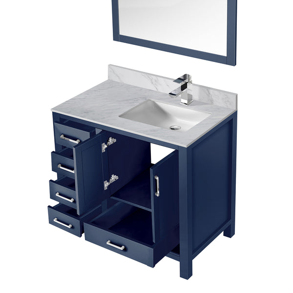 English Elm Navy 36 in. Bath Vanity with Right Offset Carrara Marble Top, Chrome Faucet, 34” Mirror, Durable Surface B2731S01269