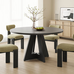 English Elm 47" Round Wood Dining Table Seats Six with Industrial Metal Base for Modern Homes Black T3623P433916