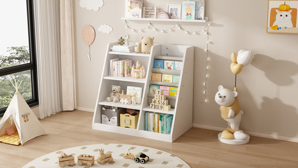 English Elm White Wooden Toy Storage Organizer Cabinet with 4-Tier Sling Bookcase for Kids Montessori Rooms W2876P233536