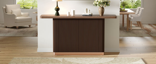 English Elm Console Table with Ash Veneer Top Fluted Pedestal Base and Metal Accents for Entryway N760P359389D