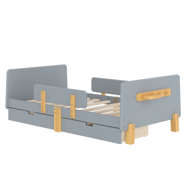 English Elm Twin Low Profile Kids Floor Bed Pine Wood Frame with Safety Rail and Built in Bookshelf Gray W1580P373243