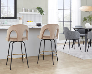 English Elm Fixed-height Swivel Counterstools with White Upholstery Gold Footrest Set of 2 Taupe B202S01792