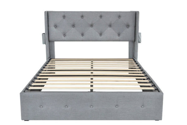 English Elm Full Size bed frame with gas lift storage, modern wingback channel headboard, USB ports included Light Gray W1960P176241