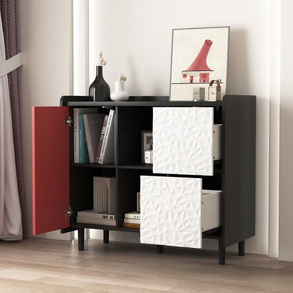 English Elm Sideboard Buffet Cabinet - Modern Black & Red Storage Solution With Unique Paneling For Home Decor W409P176588-GIGA