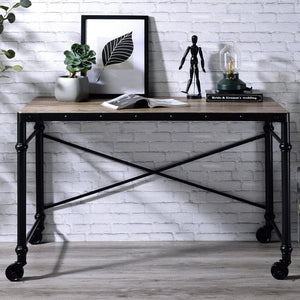 English Elm Rectangular Rustic Oak Writing Desk with Nailhead Trim, Black Metal Frame & Rolling Legs for Mobile Workspaces B016P317523