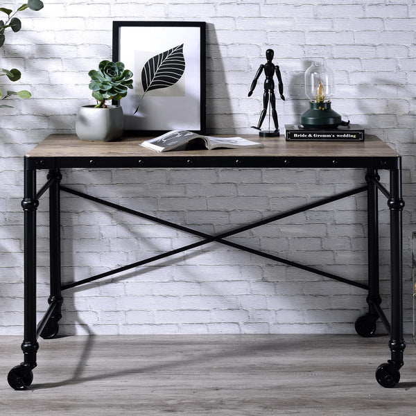 English Elm Rectangular Rustic Oak Writing Desk with Nailhead Trim, Black Metal Frame & Rolling Legs for Mobile Workspaces B016P317523