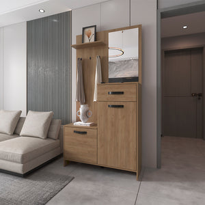 English Elm FM Elko Hall Tree Multistorage with Mirror, Natural Oak Entryway Organizer with Hooks, Drawer, Cabinets, Shelves, Space-Saving Design B128P283287