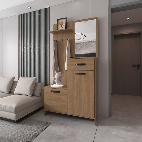 English Elm FM Elko Hall Tree Multistorage with Mirror, Natural Oak Entryway Organizer with Hooks, Drawer, Cabinets, Shelves, Space-Saving Design B128P283287