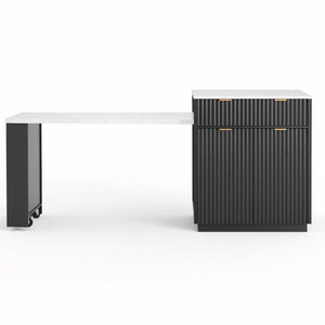 English Elm K&K Fluted Kitchen Island with Extendable Dining Table, Art Deco Mid-Century Design, Built-In Power Hub, Gold Handle Black N707S000018B