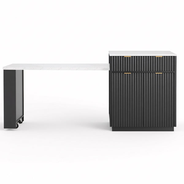 English Elm K&K Fluted Kitchen Island with Extendable Dining Table, Art Deco Mid-Century Design, Built-In Power Hub, Gold Handle Black N707S000018B