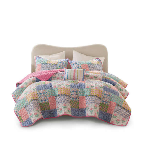 English Elm 4-Piece Full/Queen Quilt Set Pink Floral Coverlet with 2 Shams & Throw Pillow, Soft Microfiber Comfort B035P408452