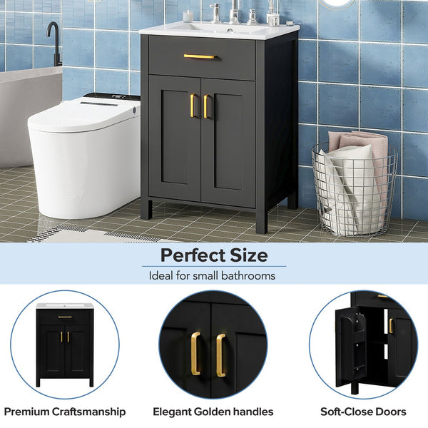 English Elm 24"Bathroom Luxurious Space-Saving Vanity with Ceramic Sink, Solid Wood Frame, Soft-Close Doors and Storage Black N729P183716B