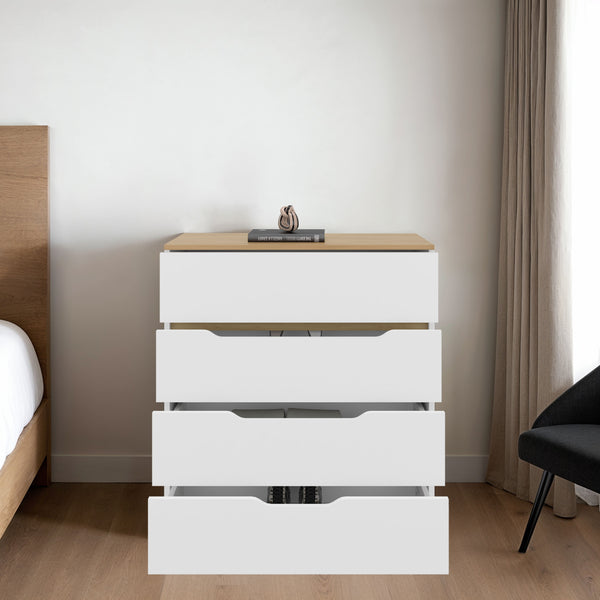 English Elm Drawer Four-Drawer Dresser 35"H in White & Light Oak — Compact, Stylish Storage with Superior Top Finish B097132891