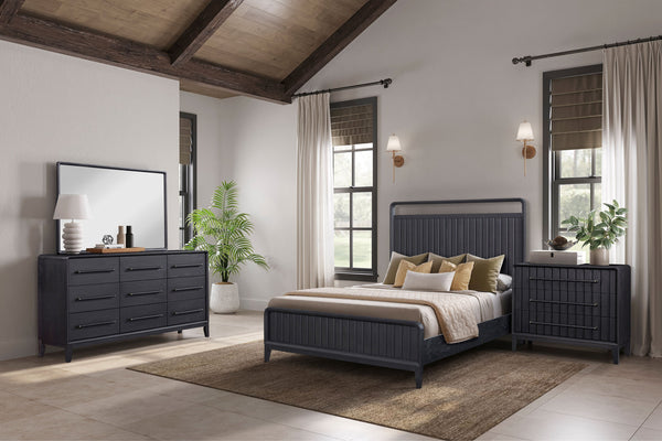 English Elm King Open Panel Bed in Peppercorn Black Finish with Elm Veneer, Channel Headboard & Solid Wood Frame B2699S00045