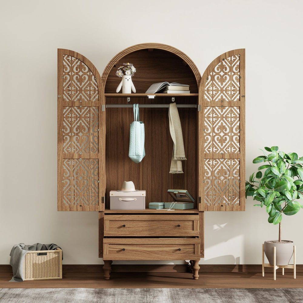 English Elm 70.28" Tall Walnut Pantry Cabinet Lattice Carved Doors Adjustable Shelves Two Drawers W688P303387