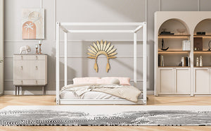 English Elm King Canopy Platform Bed with Support Legs, Sturdy Pine & MDF Slat Base for Cool, Fresh Mattress White WF309290AAK