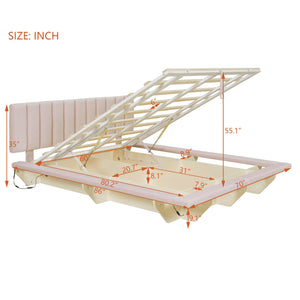 English Elm Queen Upholstered Floating Bed with LED Lighting, Hydraulic Lift, 4 Storage Drawers, Velvet Luxury Pink SF000132AAH