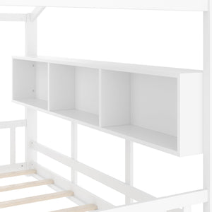 English Elm Full House Floor Bed with Roof Playhouse Design, Montessori Style with Rear Storage Shelf, Sturdy Pine White 78.5 L x 16.35 W x 8 H N733P335068K
