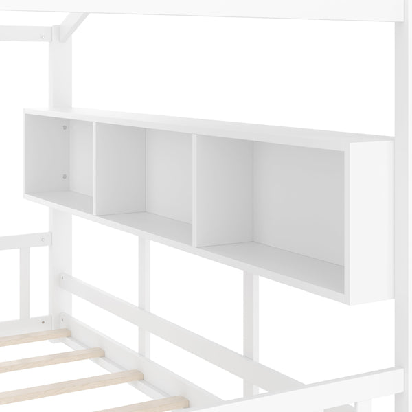 English Elm Full House Floor Bed with Roof Playhouse Design, Montessori Style with Rear Storage Shelf, Sturdy Pine White 78.5 L x 16.35 W x 8 H N733P335068K