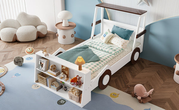 English Elm Twin Pine Treehouse Floor Bed with Padded Rails and Cabin Roofline for Kids Brown,Light White W1580S00471