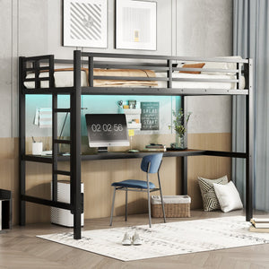 English Elm Metal Twin XL Loft Bed with Desk, LED Smart Light & Front Power Outlet, Space-Saving Black Design W1580P251090