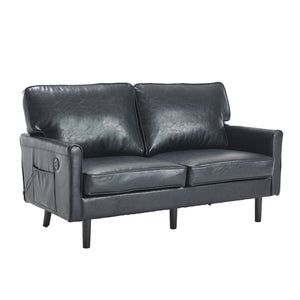 English Elm Loveseat Mid Century Modern Two-Seater Sofa with USB Type-C Charging, Removable Zipper Covers, Durable Wood Legs Black PU W395P238820