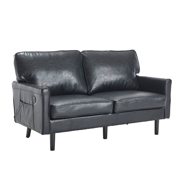 English Elm Loveseat Modern Mid-Century 2-Seater with USB Type-C Charging, Removable Zippered Covers, Sturdy Wood Legs Black PU W395P238820