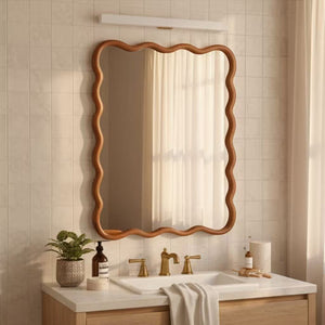 English Elm Yellowish Solid Wood 30"x40" Wavy Rectangle Mirror with Rustic Grain, Tempered Glass, Easy Installable W2203P389069