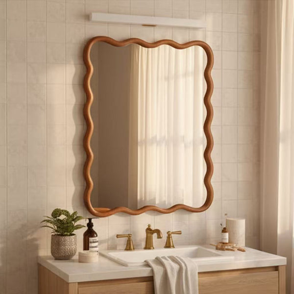 English Elm Yellowish Solid Wood 30"x40" Wavy Rectangle Mirror with Rustic Grain, Tempered Glass, Easy Installable W2203P389069
