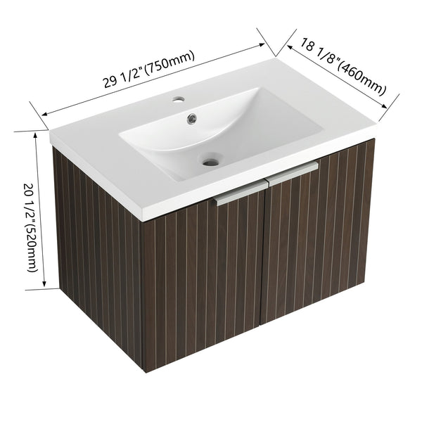 English Elm 30 Inch Silver-Brown Stripe Wall-Mounted Vanity with Mid-Edge Resin Sink, Soft-Close Doors, Ample Storage W999P204951