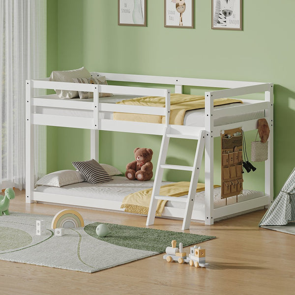 English Elm Kids Twin Low Loft Bed with Built-In LED Strip, Solid Pine Convertible Bunk Frame, Modern Durable Design White W1820P331925