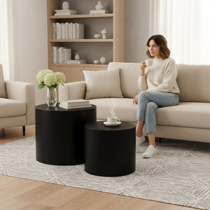 English Elm Nesting Round Coffee Tables Set of 2 Mdf Modern Matte Black for Small Living Spaces W3204P390985