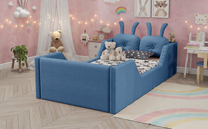 English Elm Twin Kids Platform Bed Teddy Fabric Upholstered with Bunny Cushions and Safety Rails Blue W2593P395808