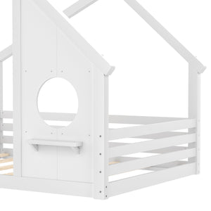 English Elm Full House Floor Bed with Roof Window and Shelf – Solid Pine Kids Loft-Style Low Bed, Durable Design White W1580P362693